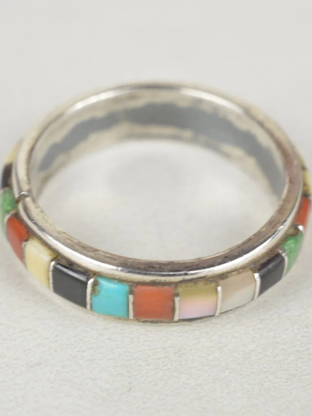 Vintage Navajo Sterling Silver Multi Stone Inlay Ring Band Sz 9 Southwest 4.3g - Picture 7 of 8